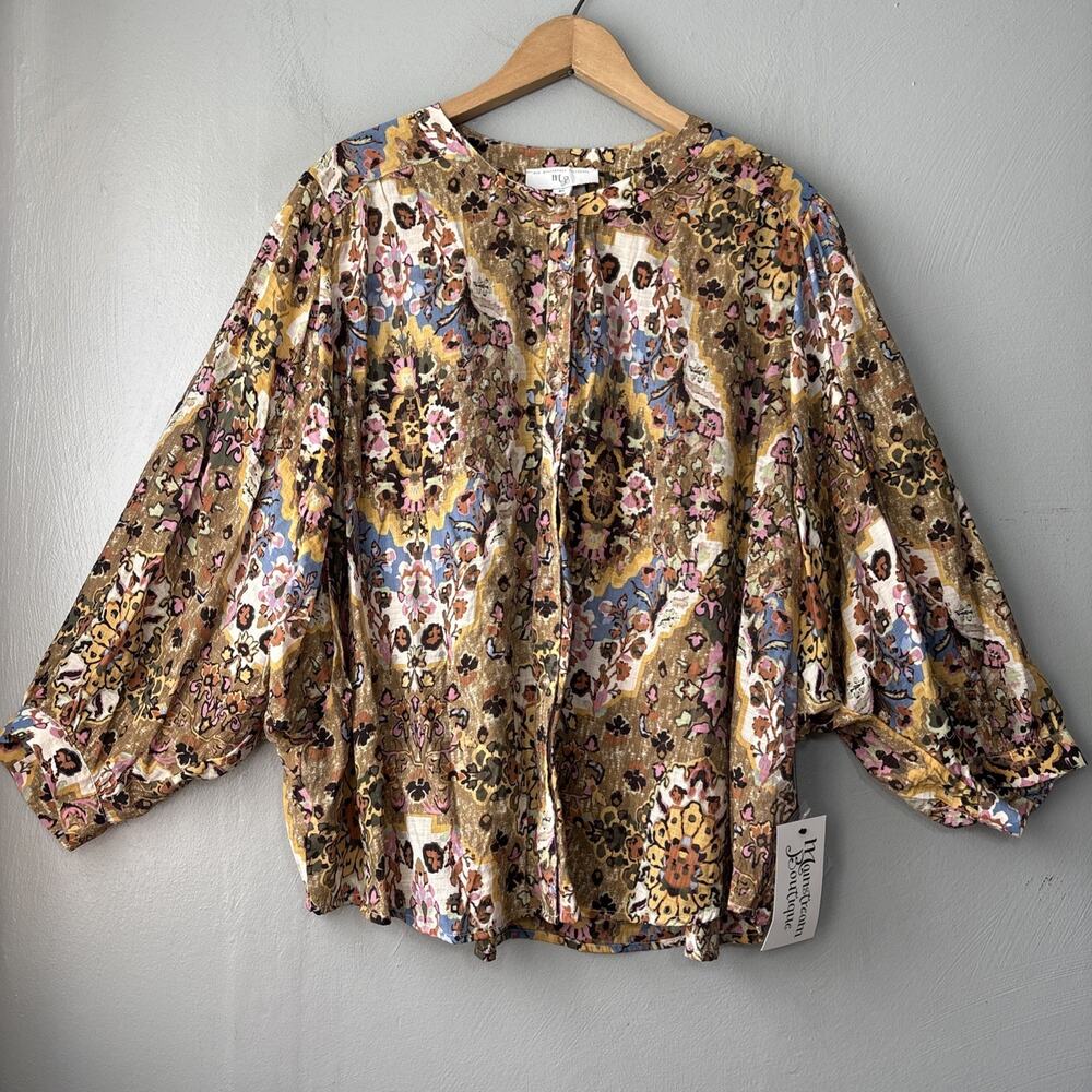 Mainstream Boutique Blouse Size Large Boho Artsy Earthy Floral Boxy Relaxed Fit